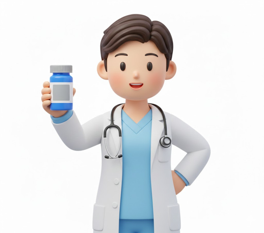 Pharmacist or Physician Character with Medicine Container